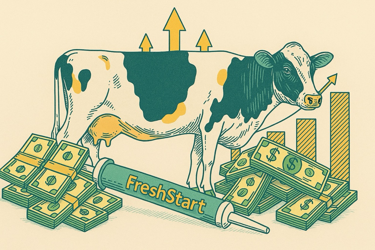 Illustration of a Holstein cow stands surrounded by stacks of dollar bills, with a FreshStart probiotic tube placed at its feet. Behind the cow, three golden arrows point upward, symbolizing financial growth and health improvement.