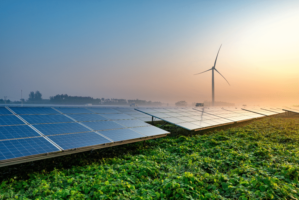 dairy farm sustainability shown with solar panels, wind turbine on a farm setting